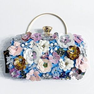 Bebe Blue Satin Floral Embellished Daisy Clutch w/ Chain Strap | NWT